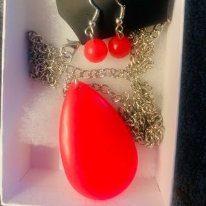 Pink Oval Charm Necklace w/ Chain & Earrings